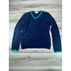 Peck & Peck Navy Blue V Neck Cashmere Sweater Green Trim L Academia Preppy